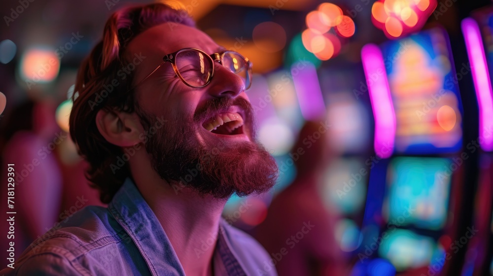 Fun happy man win money prize retro slot machine. Guy play casino game. Gambling addiction. Gamble luck. Beautiful neon light. Cheerful jackpot winner. Joyful night life. Big victory. Lucky bet player