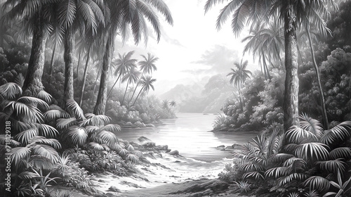 Fototapeta Naklejka Na Ścianę i Meble -  Tropical forest drawn with graphite pencil, concept for wallpaper.