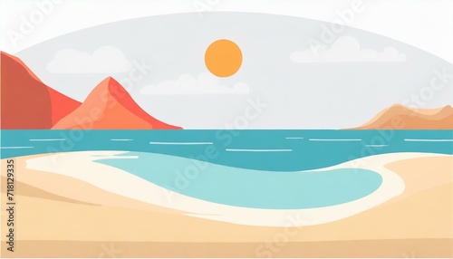 Simple beach graphic with water  sand  and sun