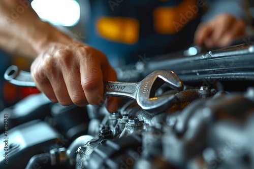 A skilled person works on their beloved motorcycle, carefully fitting an auto part with a trusty wrench in an indoor workshop