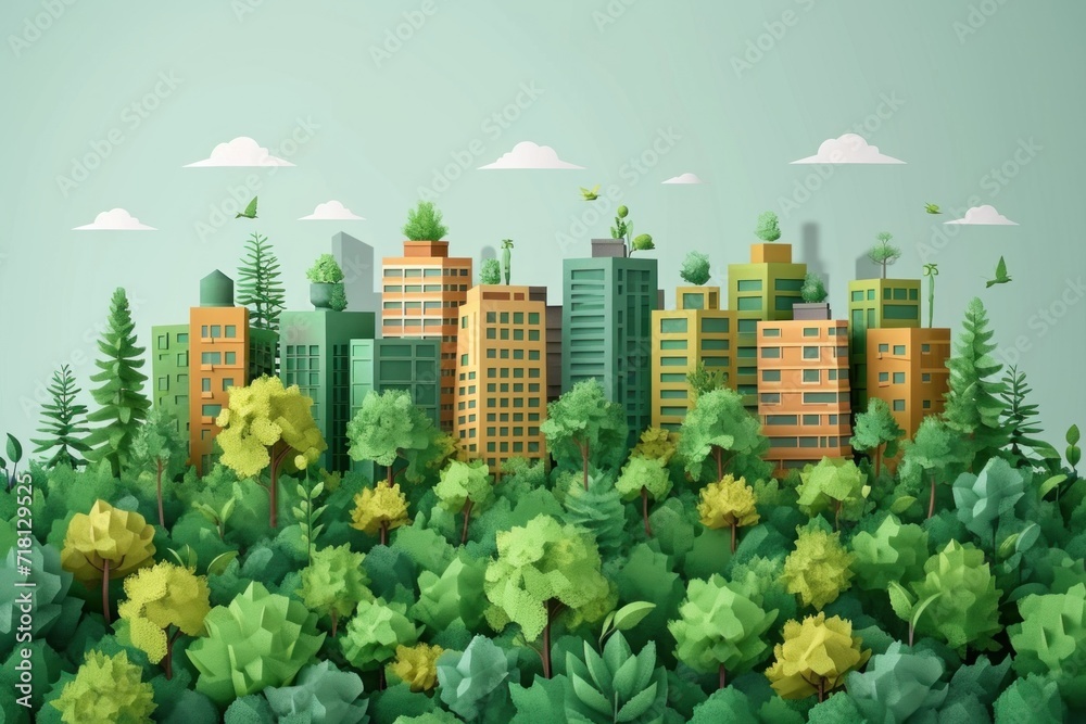Cityscape with green trees and buildings. illustration.