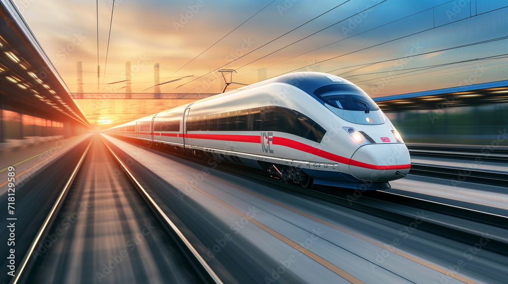 A high-speed bullet train dedicated to cargo delivery, enhanced with smart technology, logistics, dynamic and dramatic compositions, with copy space A high-speed bullet train dedicated to cargo delivery, enhanced with smart technology, logistics, dynamic and dramatic compositions, with copy space
