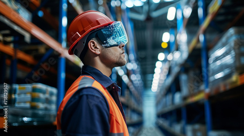 An operator wearing AR glasses to manage and control a logistic network, logistics, dynamic and dramatic compositions, with copy space photo
