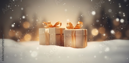 A cream colored gift decorated with a shiny golden yellow ribbon on the front photo on a light brown background © original logo