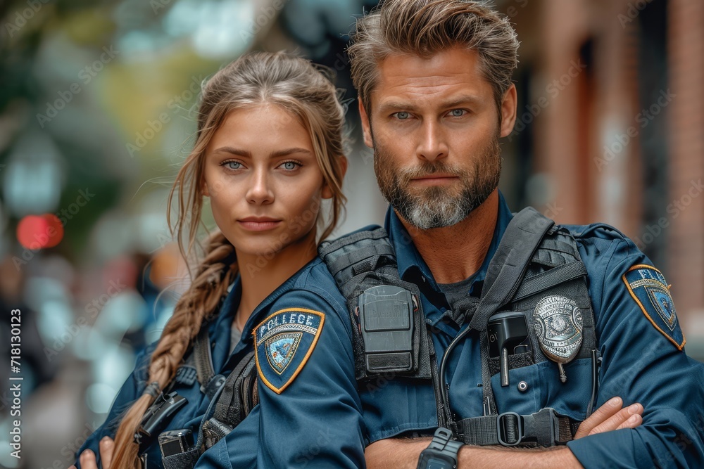 A man and woman stand tall in their police uniforms, their human faces stoic and determined as they brave the chilly outdoor streets, jackets flapping in the wind, embodying strength, duty, and autho A man and woman stand tall in their police uniforms, their human faces stoic and determined as they brave the chilly outdoor streets, jackets flapping in the wind, embodying strength, duty, and autho