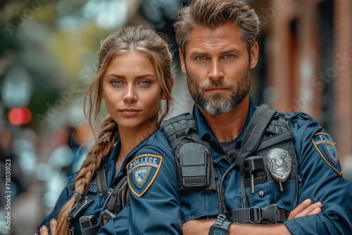 A man and woman stand tall in their police uniforms, their human faces stoic and determined as they brave the chilly outdoor streets, jackets flapping in the wind, embodying strength, duty, and autho
