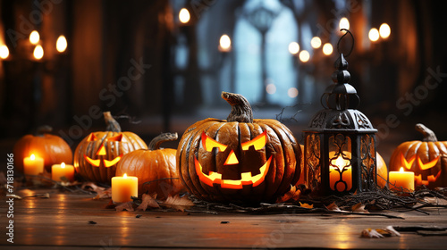 Halloween day with pumpkins and candles on wooden background