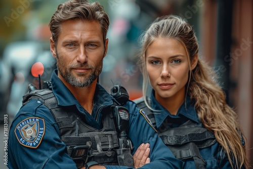 A pair of confident officers, donning their crisp police uniforms and sturdy leather jackets, stand tall on the bustling city street, ready to protect and serve with unwavering determination and stre photo
