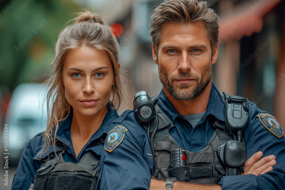 A smiling man and woman in matching uniforms stand proudly outdoors, their faces full of determination and pride as they don their jackets with a sense of purpose