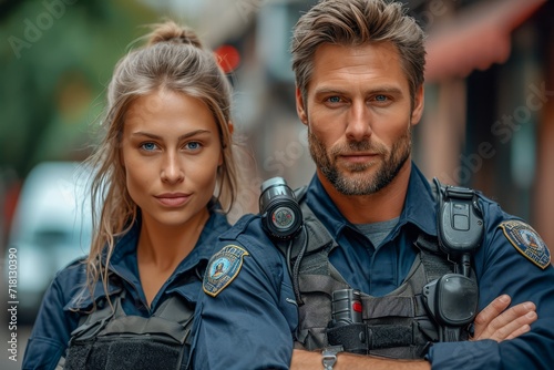 A smiling man and woman in matching uniforms stand proudly outdoors, their faces full of determination and pride as they don their jackets with a sense of purpose