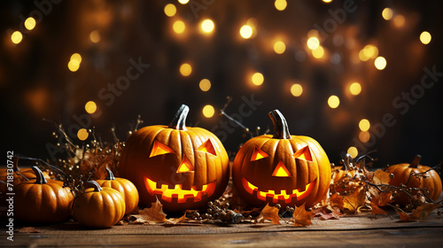 Halloween day with pumpkins and candles on wooden background © Inlovehem