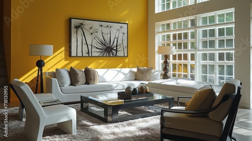 Sunlit Space: Cozy Sofa, Artistic Decor Elements, generative ai