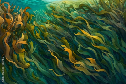 Wavy underwater kelp forests swaying gently © ryuu