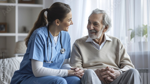 Caring female nurse in blue scrubs smiling and holding hands with an elderly male patient © MP Studio