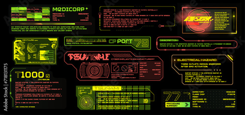 Virtual reality Cyberpunk HUD interface. Sci-fi digital interface elements HUD for Game, UI, UX, KIT. Futuristic User Interface, frame screens, Callouts titles.	