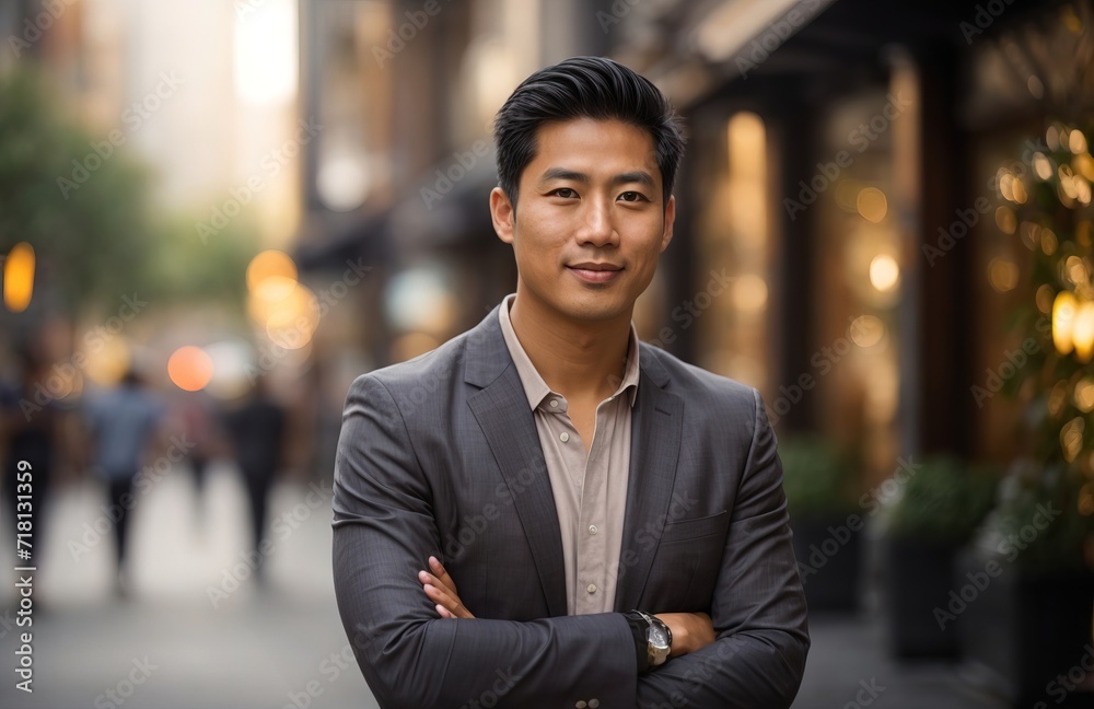 Happy confident positive male entrepreneur standing outdoor on street arms crossed Happy confident positive male entrepreneur standing outdoor on street arms crossed