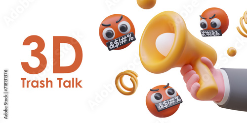 Concept of trash talk in social media. Man holding yellow megaphone. Flying red emoticons with angry, mad reactions. Vector illustration in 3d style with place for text and white background