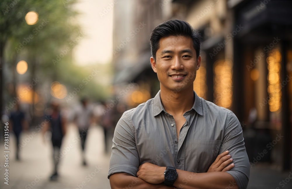 Obraz premium Happy confident positive male entrepreneur standing outdoor on street arms crossed