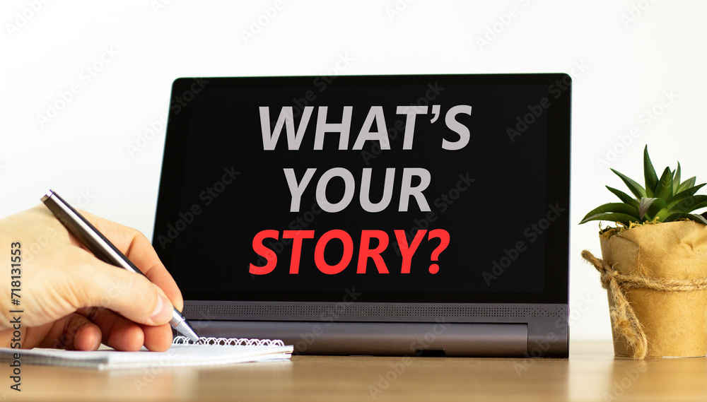 Storytelling and what is your story symbol. Concept words What is your story on tablet. Beautiful white background. Businessman hand. Business storytelling and what is your story concept. Copy space. Storytelling and what is your story symbol. Concept words What is your story on tablet. Beautiful white background. Businessman hand. Business storytelling and what is your story concept. Copy space.