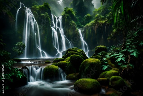 A cascading waterfall with wavy  misty patterns in a lush jungle