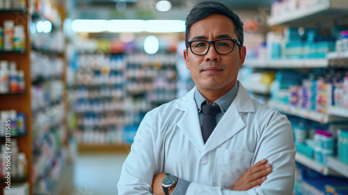 Confident male pharmacist in a white coat, standing with his arms crossed in a pharmacy full of medicine shelves.