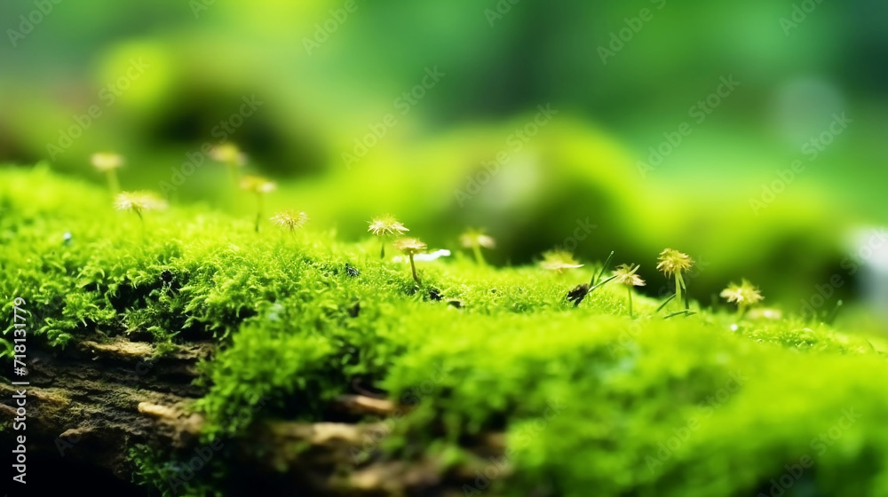 Green moss on log in the forest