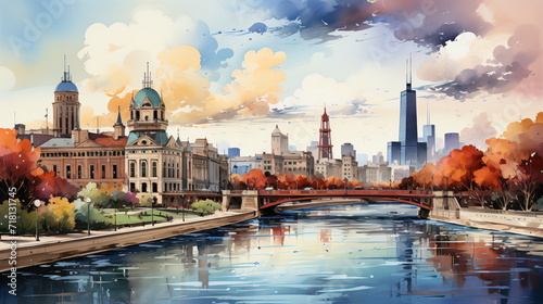 a watercolor big city skyline