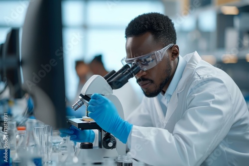 A scientist in a white coat examines a medical sample under a microscope in a bustling laboratory, surrounded by cutting-edge equipment and tools, passionately dedicated to the pursuit of scientific 
