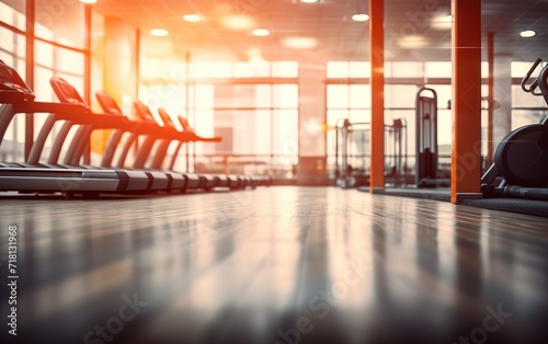 A fitness room with light effects shining brightly from outside. generative AI
