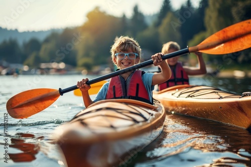 Two young adventurers glide through the serene waters on their kayaks, surrounded by the beauty of nature and the thrill of outdoor recreation photo