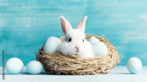 Cute white rabbit on nest with eggs on blue wooden background,Easter day concept