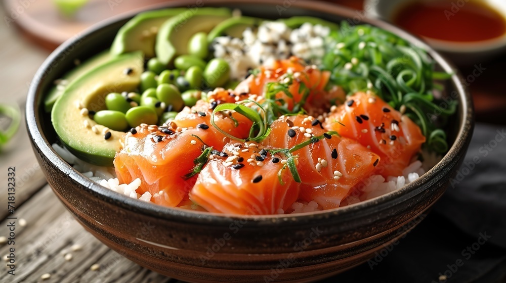 Close-up hawaiian salmon fish poke bowl with rice, radish, cucumber, edamame