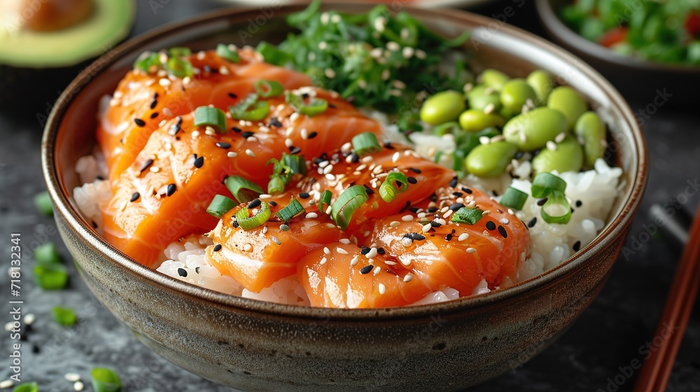 Close-up hawaiian salmon fish poke bowl with rice, radish, cucumber, edamame Close-up hawaiian salmon fish poke bowl with rice, radish, cucumber, edamame
