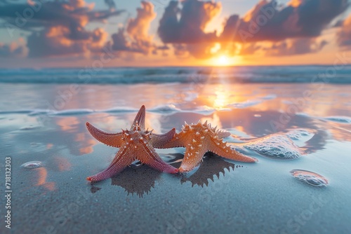 As the sun sets over the ocean, a lone starfish rests on the sandy beach, a beautiful reminder of the diverse and fascinating world of marine invertebrates photo