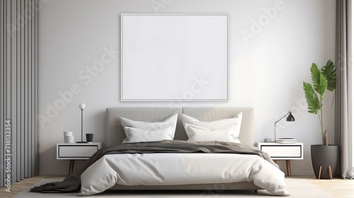 Abstract art Mockup poster blank frame in a contemporary guest room with geometric patterns