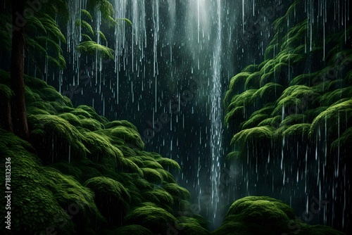 Wavy curtains of rain falling over a forest