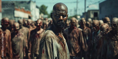 Daytime portrait of a black man on a busy street filled with a crowd of zombies. photo
