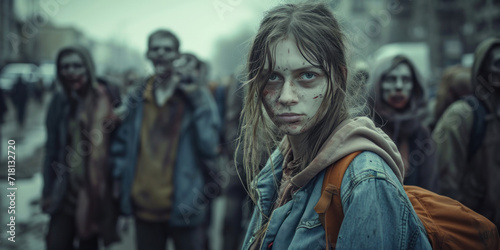 Daytime portrait of a young girl on a busy street filled with a crowd of zombies