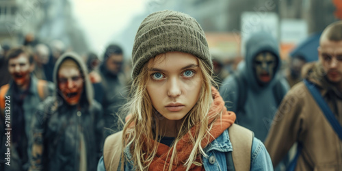 Daytime portrait of a young girl on a busy street filled with a crowd of zombies
