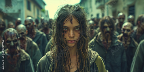 Daytime portrait of a young girl on a busy street filled with a crowd of zombies.