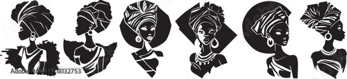 Silhouettes of women in ethnic African hairstyles and clothes, vector graphics black and white decoration for laser cutting and engraving