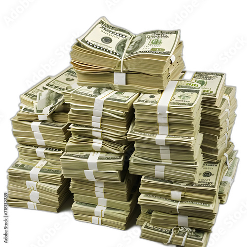 A massive pile of neatly organized $100 bills stacked together, isolated on a transparent background.