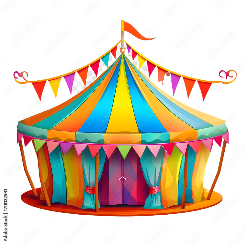 Circus tent or carnival tent isolated on a transparent background, exuding vibrancy with bold stripes and captivating decorations. Circus tent or carnival tent isolated on a transparent background, exuding vibrancy with bold stripes and captivating decorations.
