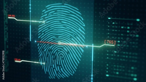 Biometric digital technology, fingerprint scanner, concept of cybersecurity and data protection (3d render) photo