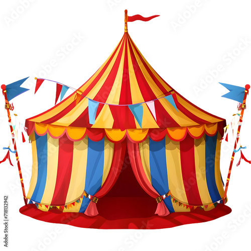 Circus tent or carnival tent isolated on a transparent background, exuding vibrancy with bold stripes and captivating decorations.