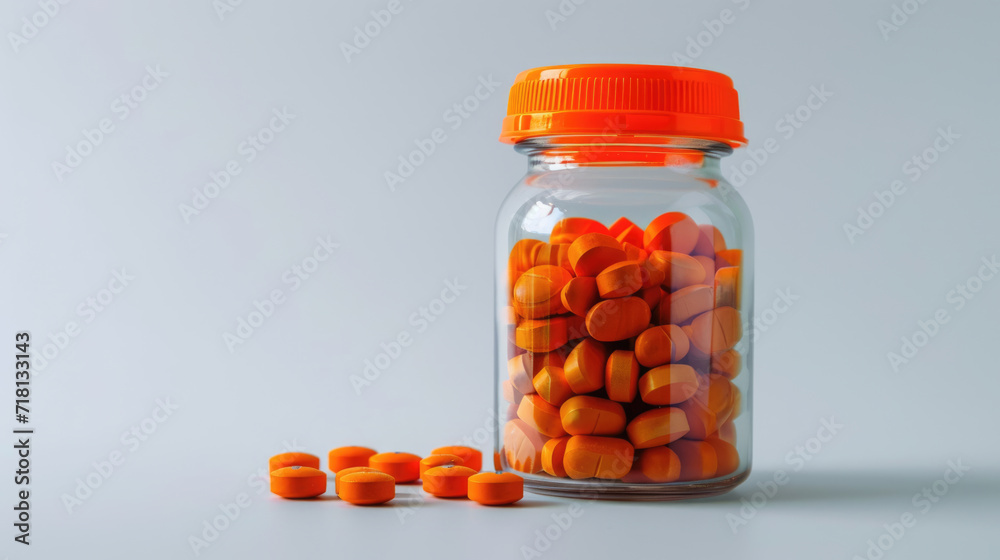 Clear plastic bottle with an orange lid filled with orange tablets, with additional tablets scattered in front of the bottle against a plain white background. Clear plastic bottle with an orange lid filled with orange tablets, with additional tablets scattered in front of the bottle against a plain white background.