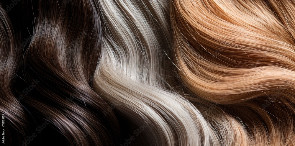 Fototapeta premium Rows of various types of wavy hair that are beautiful and shiny. generative AI