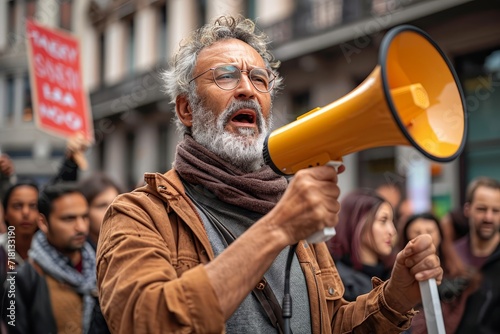 A bearded man captivates the crowd with his powerful voice, amplified by a megaphone as he delivers a passionate street presentation