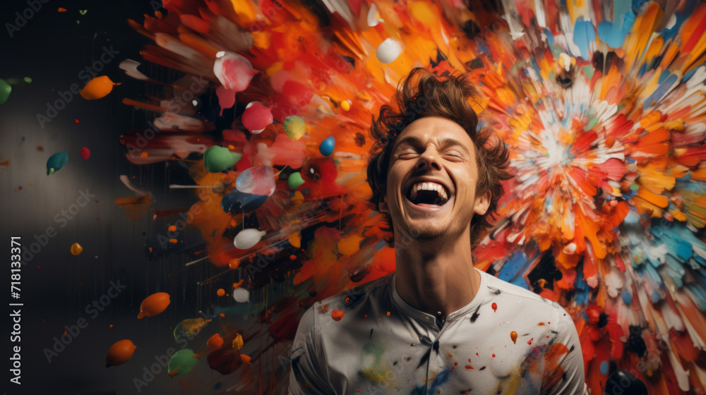 Excited man, shouts, surrounded by colorful burst. Energetic, lively and joyful individual expressing happiness, with vibrant colors symbolizing enthusiasm and vivid energy.