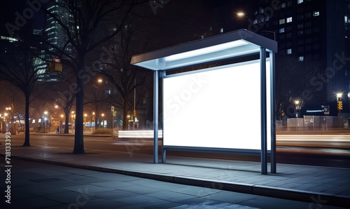 A bus stop on a road with white lights. generative AI